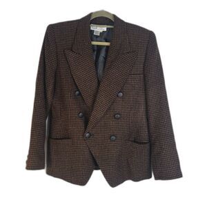 Atrium Collection Brown Tweed Plaid Career Blazer Double Breasted Size 8 Classic